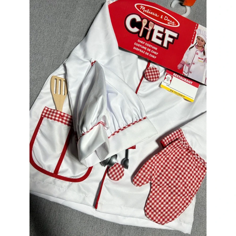 Melissa & Doug Chef Costume Kids Size 3-6 White Red Gingham Role Play Set‎